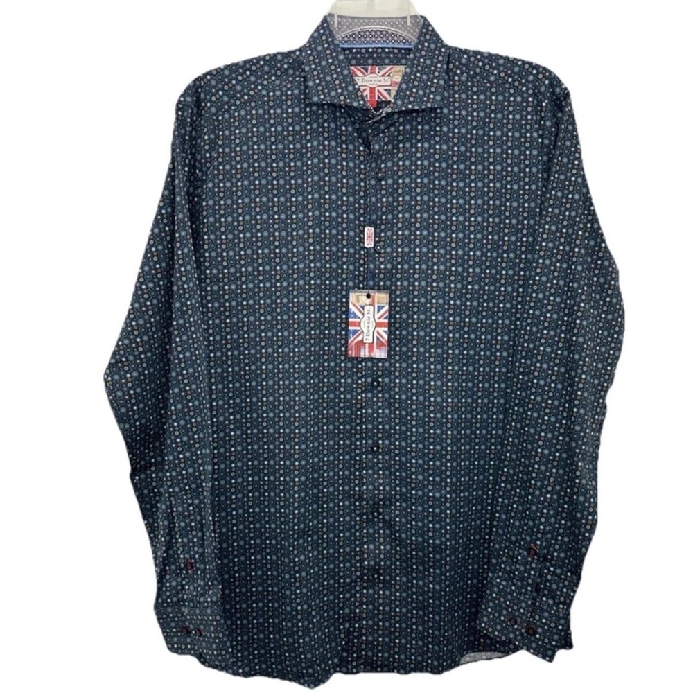NWT 7 Downie St London Blue Print Button Up Shirt Mens Large Fitted Long Sleeve